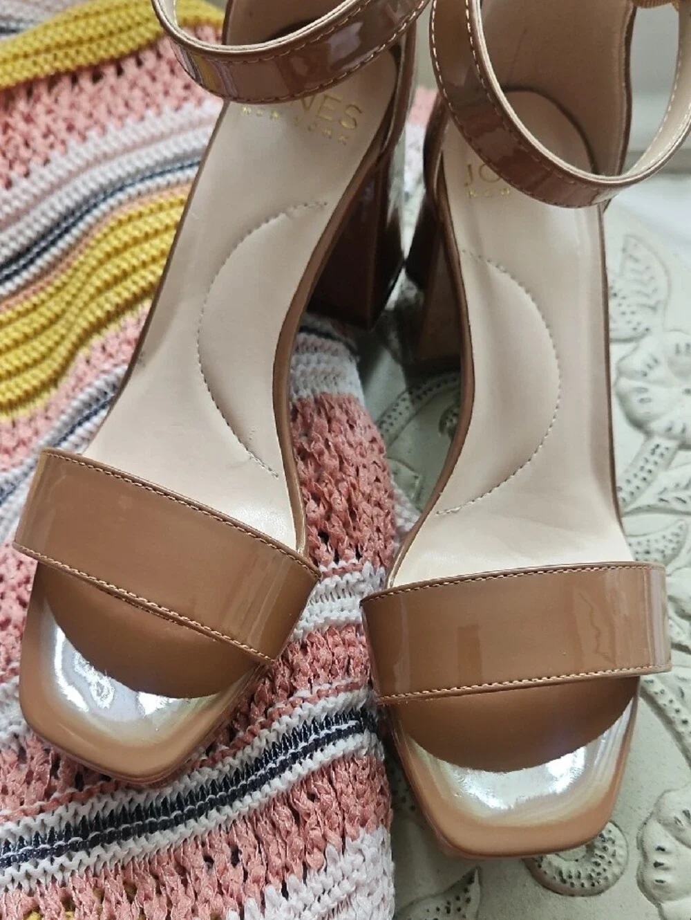 Jones New York Patent Nude Block Heel Sandals with Ankle Strap